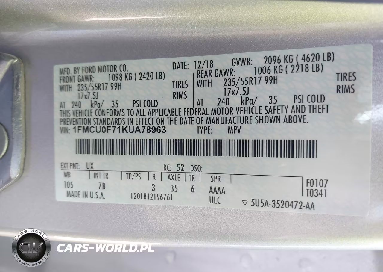 2019 Ford Escape S VIN:1FMCU0F71KUA78963 - 9