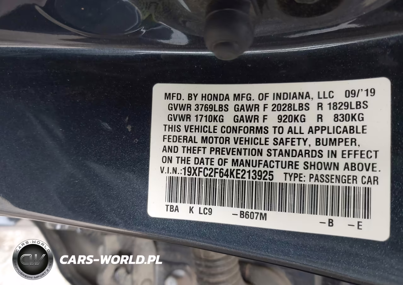 2019 Honda Civic Lx VIN:19XFC2F64KE213925 - 9