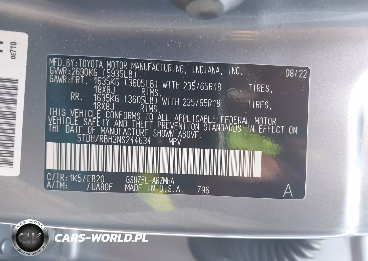 2022 Toyota Highlander Xle VIN:5TDHZRBH3NS244634 - 9