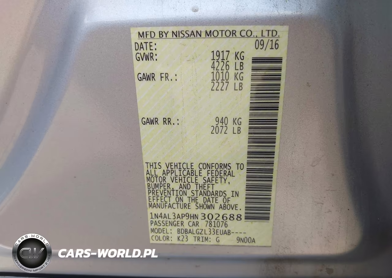 2017 Nissan Altima 2.5-2.5 S-2.5 Sl-2.5 Sr-2.5 Sv VIN:1N4AL3AP9HN302688 - 9