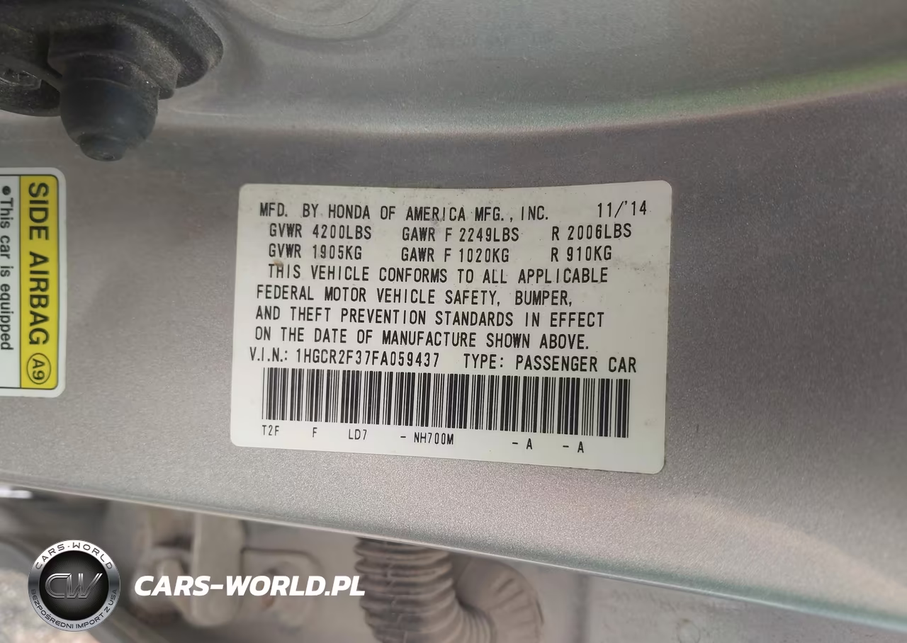 2015 Honda Accord Lx VIN:1HGCR2F37FA059437 - 9