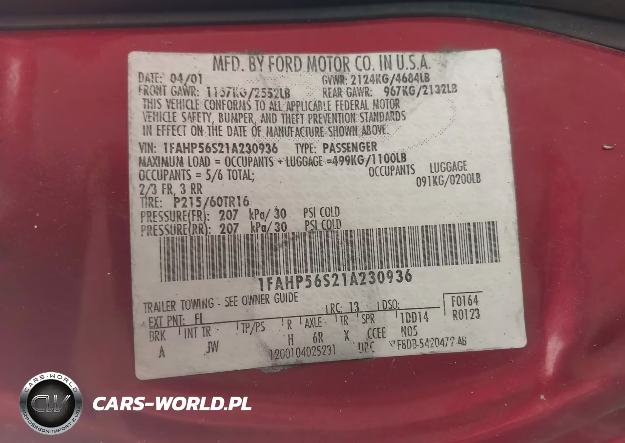 2001 Ford Taurus Sel VIN:1FAHP56S21A230936 - 9