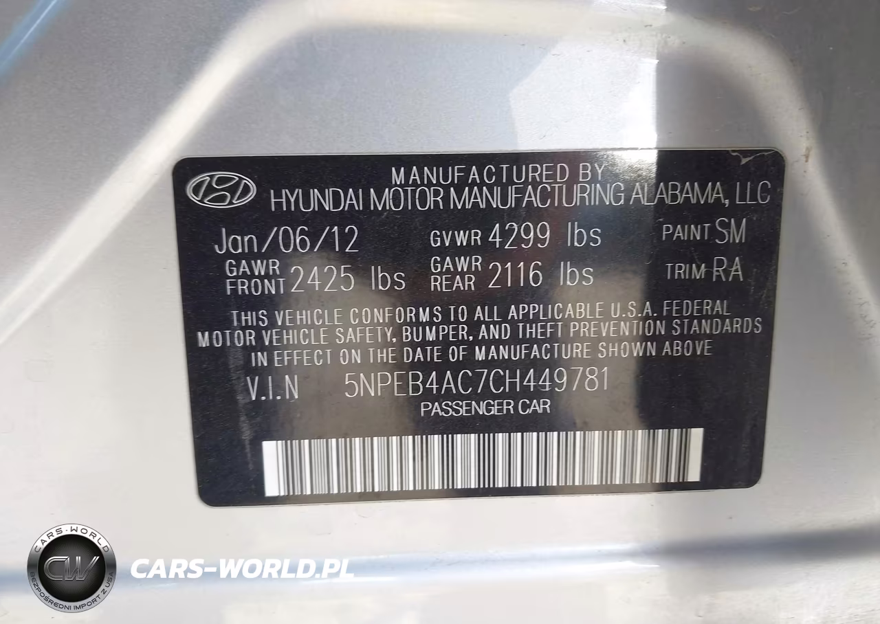 2012 Hyundai Sonata Gls VIN:5NPEB4AC7CH449781 - 9