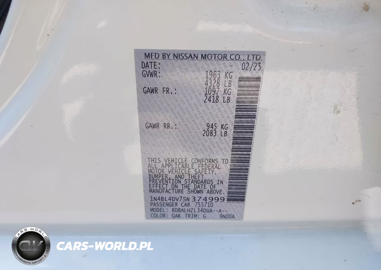 2025 Nissan Altima Sv Fwd VIN:1N4BL4DV7SN374999 - 9