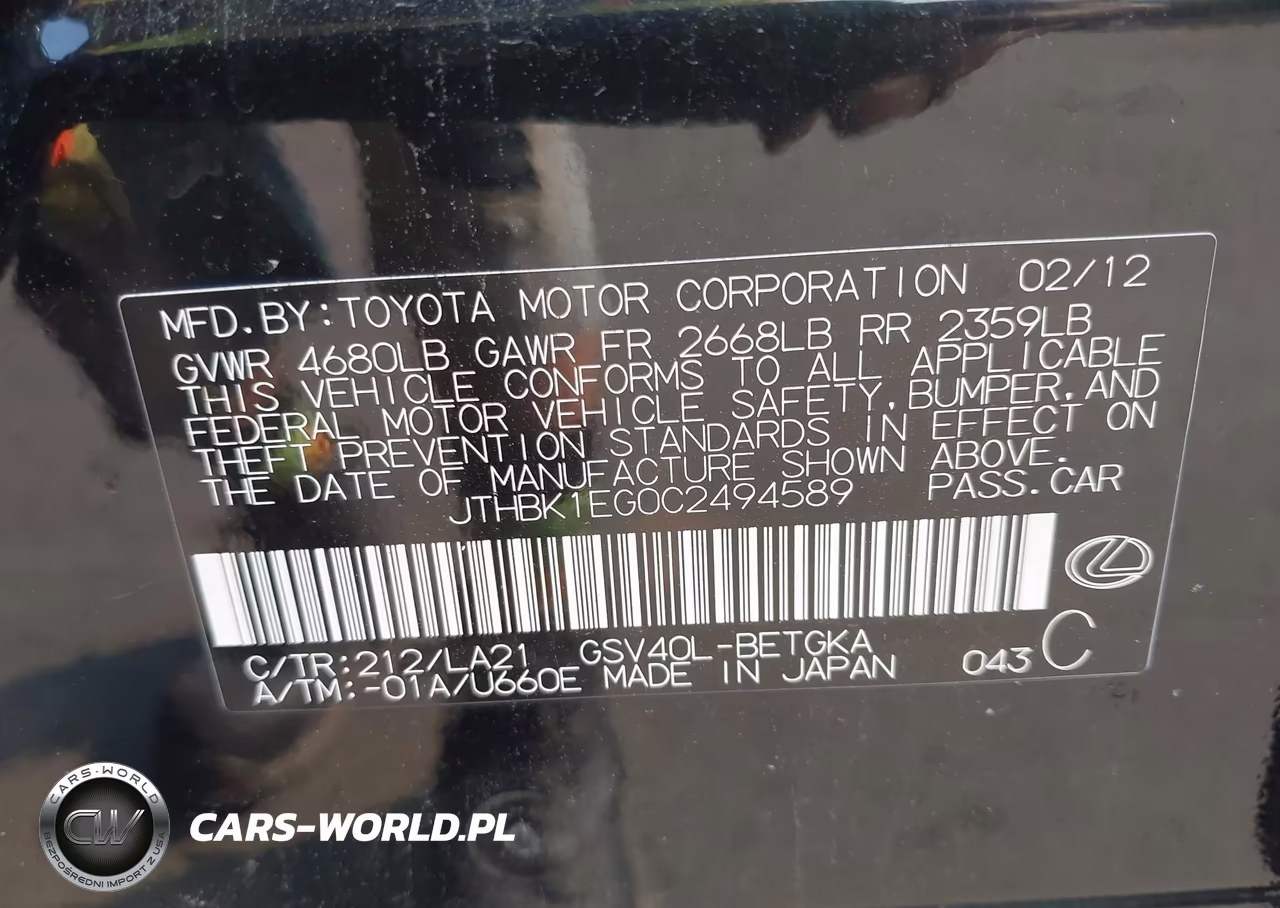 2012 Lexus Es 350 VIN:JTHBK1EG0C2494589 - 9