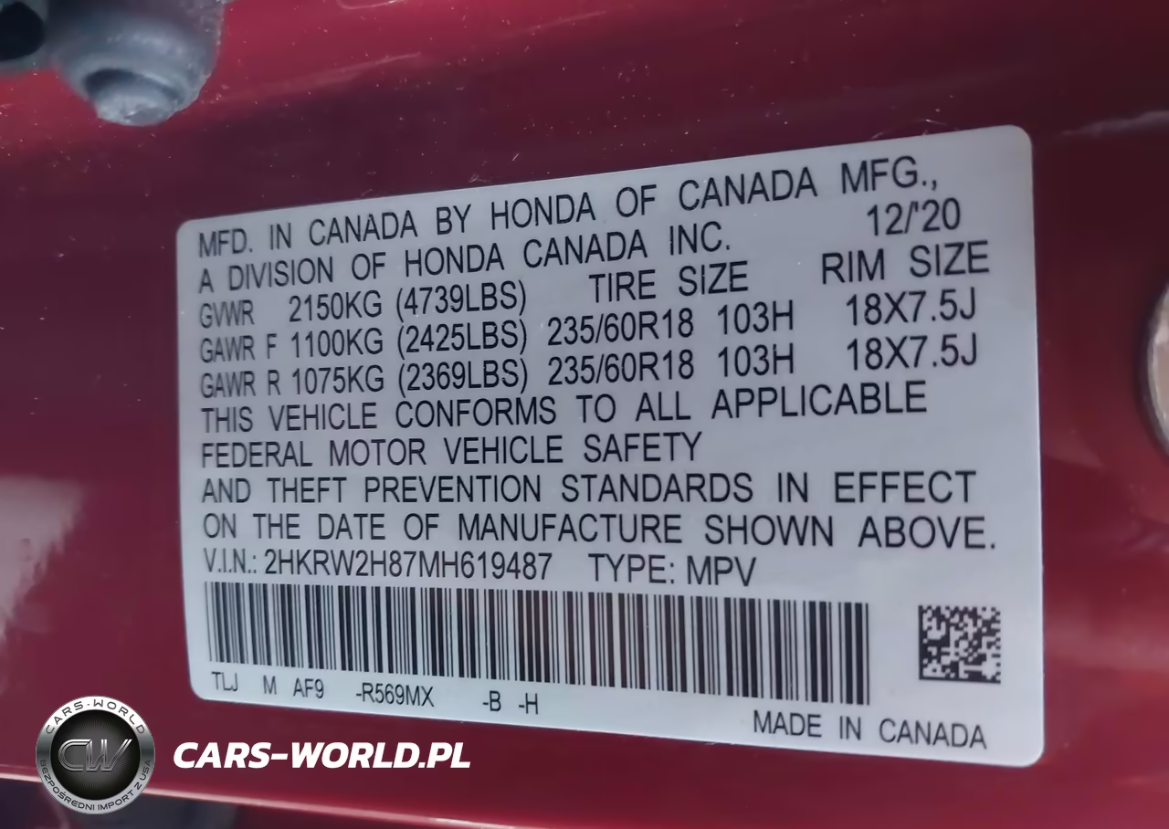 2021 Honda Cr-V Awd Ex-L VIN:2HKRW2H87MH619487 - 9