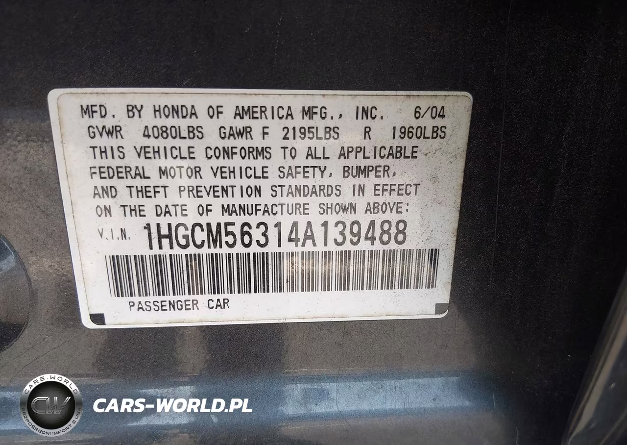 2004 Honda Accord 2.4 Lx VIN:1HGCM56314A139488 - 9