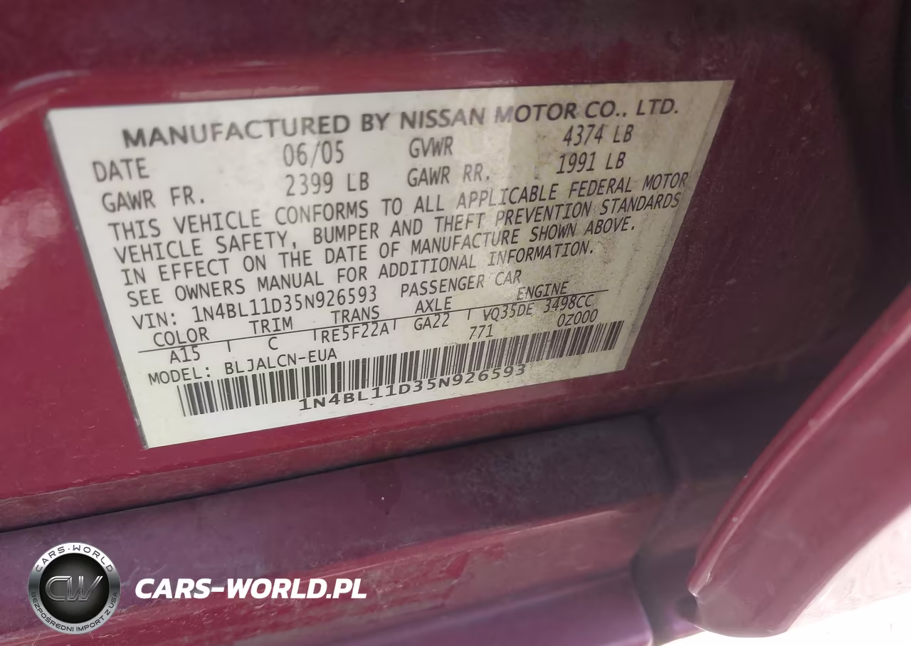 2005 Nissan Altima 3.5 Se VIN:1N4BL11D35N926593 - 9