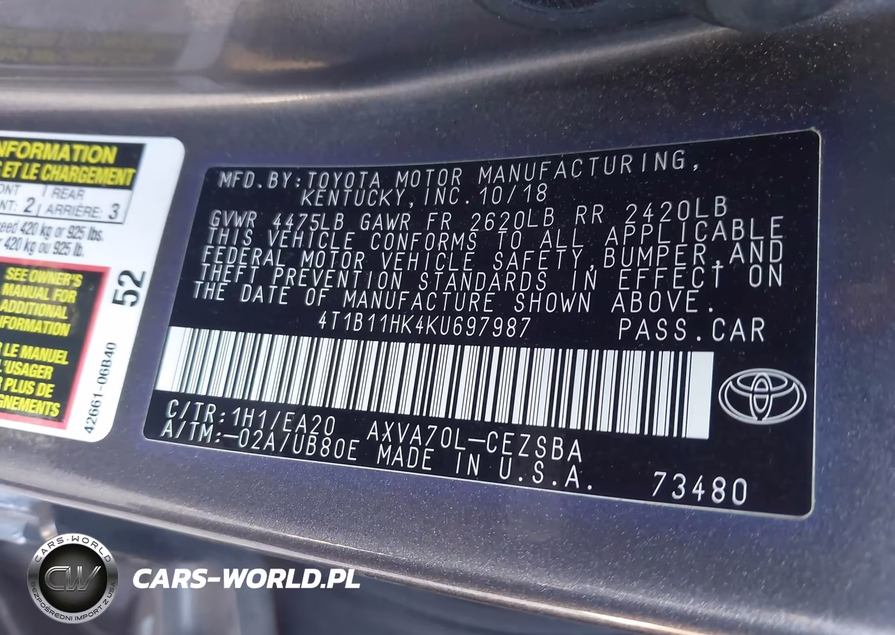 2019 Toyota Camry Se VIN:4T1B11HK4KU697987 - 9