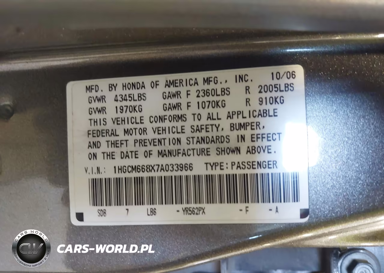 2007 Honda Accord 3.0 Ex VIN:1HGCM668X7A033966 - 9