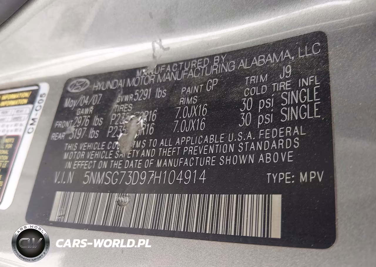 2007 Hyundai Santa Fe Gls VIN:5NMSG73D97H104914 - 9