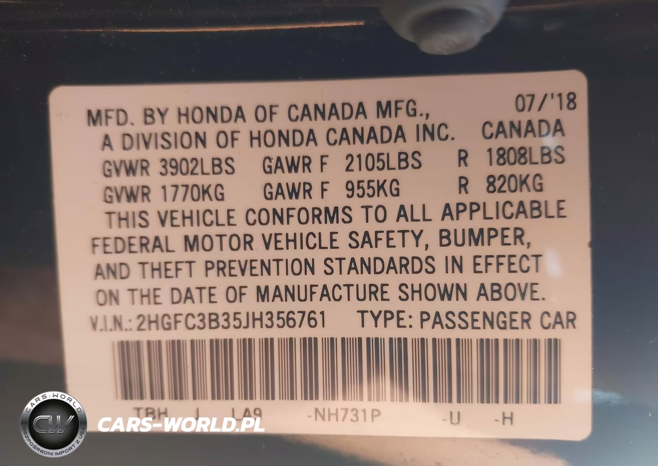 2018 Honda Civic Ex-T VIN:2HGFC3B35JH356761 - 9