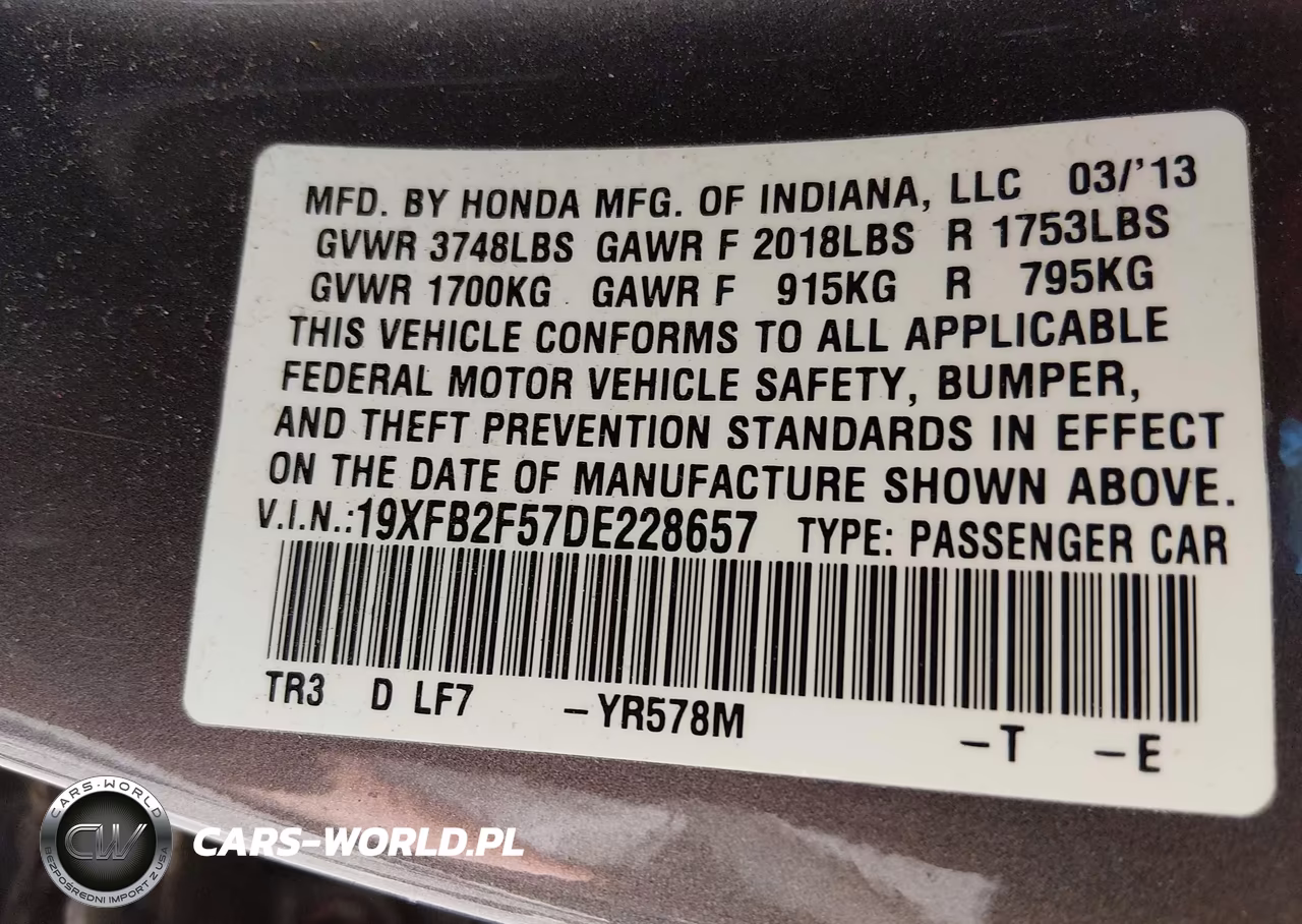 2013 Honda Civic Lx VIN:19XFB2F57DE228657 - 9
