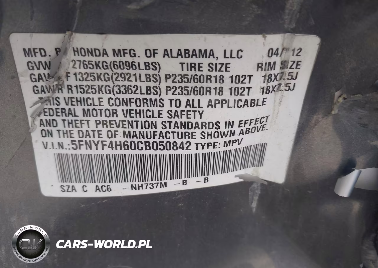 2012 Honda Pilot Ex-L VIN:5FNYF4H60CB050842 - 9