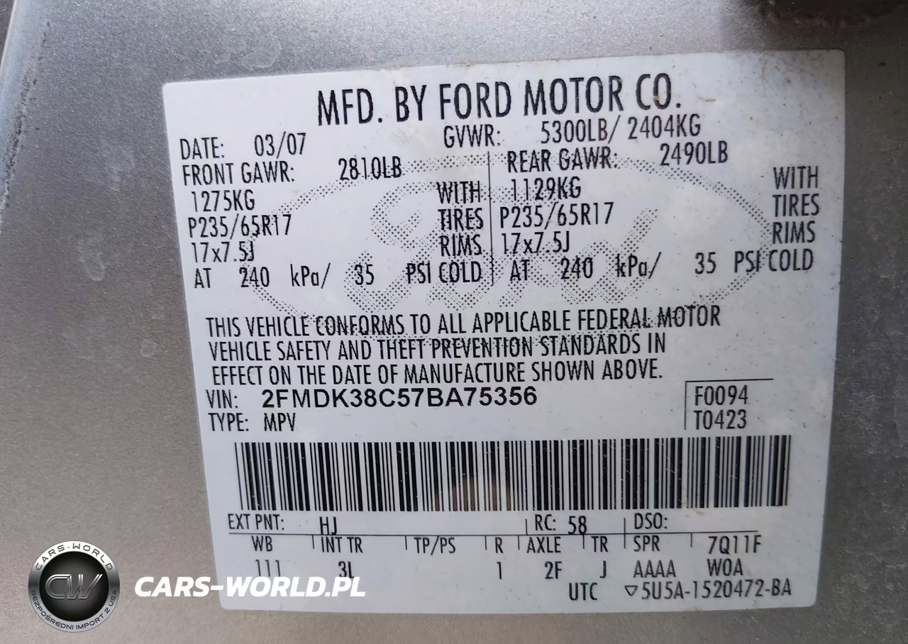 2007 Ford Edge Sel VIN:2FMDK38C57BA75356 - 9