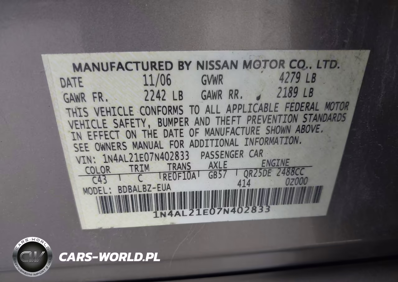 2007 Nissan Altima 2.5 S VIN:1N4AL21E07N402833 - 9