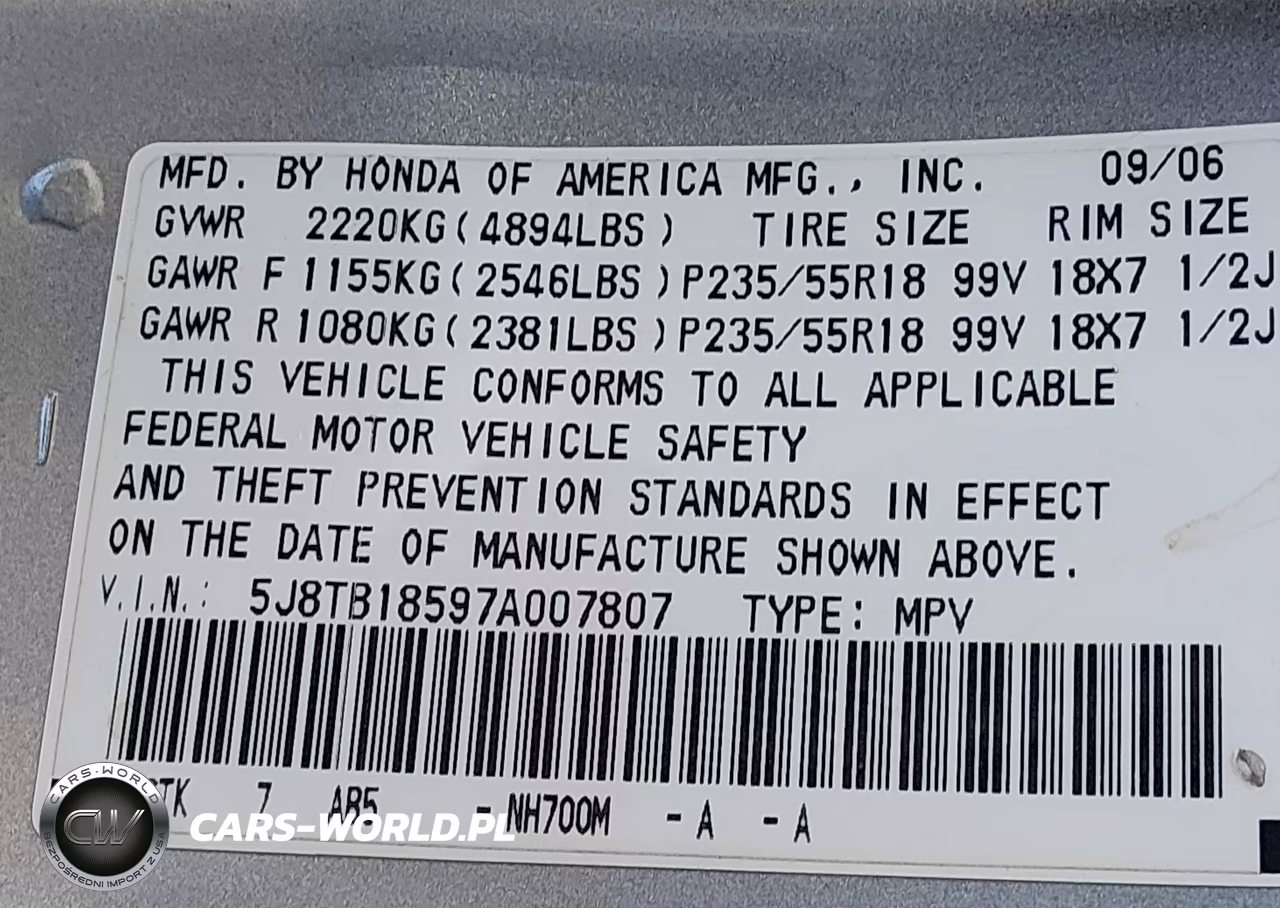 2007 Acura Rdx VIN:5J8TB18597A007807 - 9