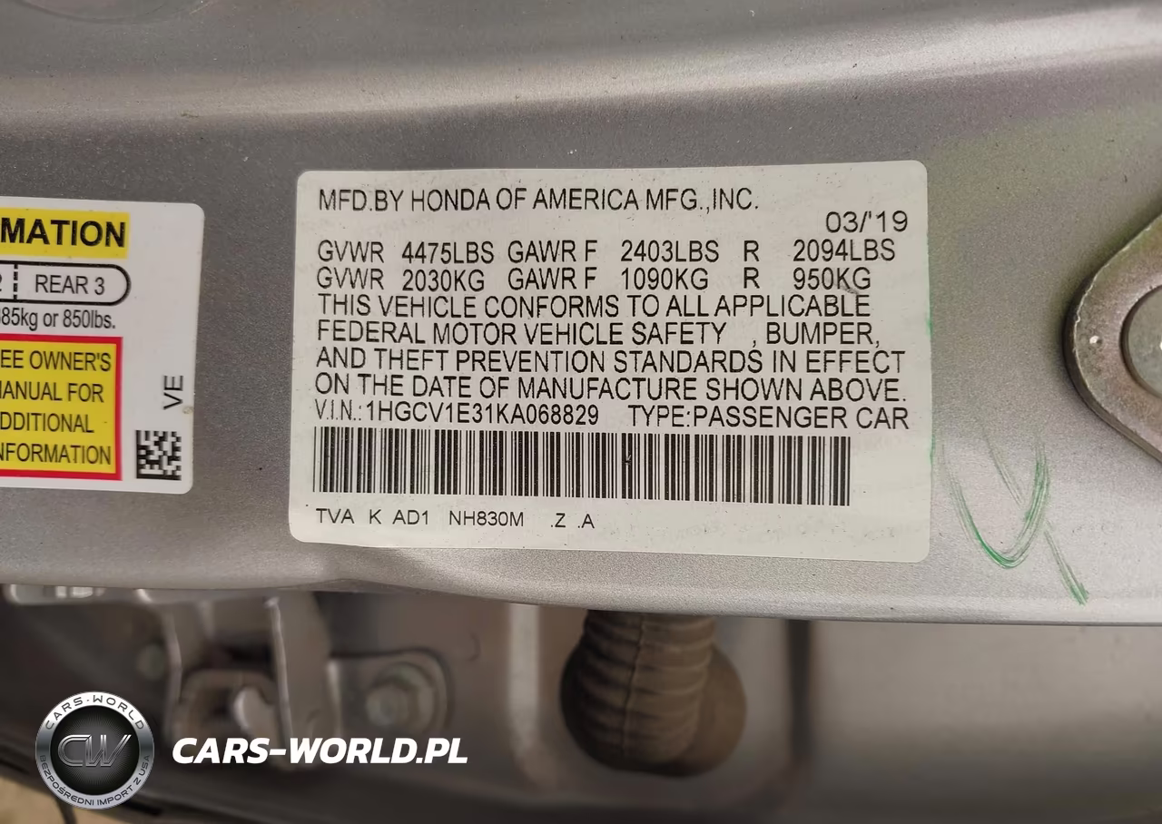 2019 Honda Accord Sport VIN:1HGCV1E31KA068829 - 9