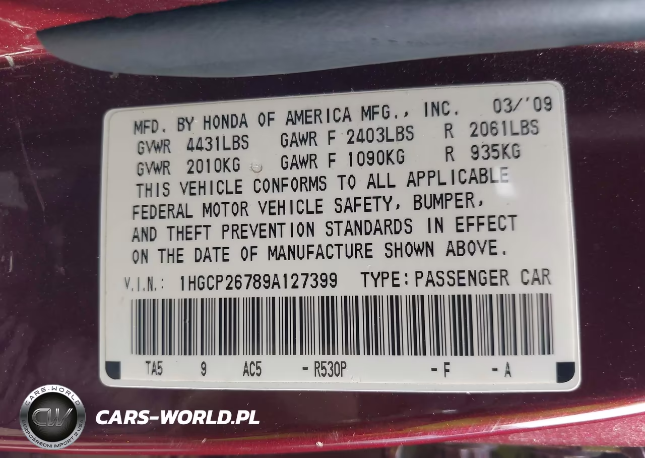 2009 Honda Accord 2.4 Ex VIN:1HGCP26789A127399 - 9