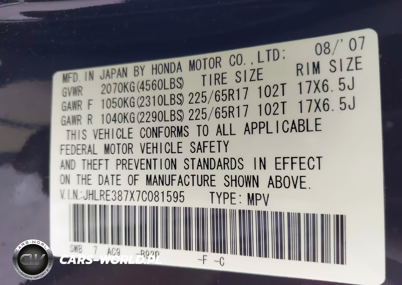 2007 Honda Cr-V Ex-L VIN:JHLRE387X7C081595 - 9