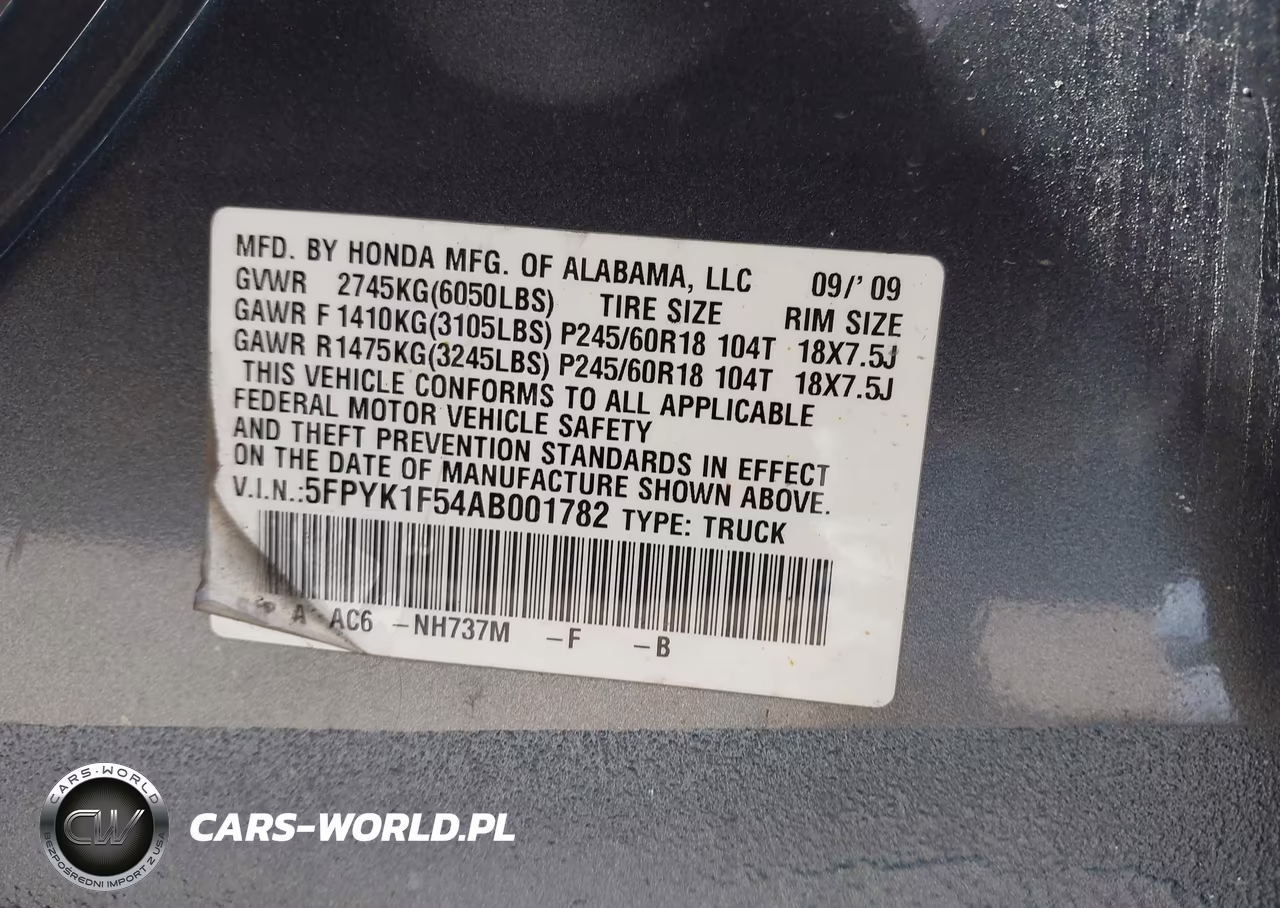 2010 Honda Ridgeline Rtl VIN:5FPYK1F54AB001782 - 9