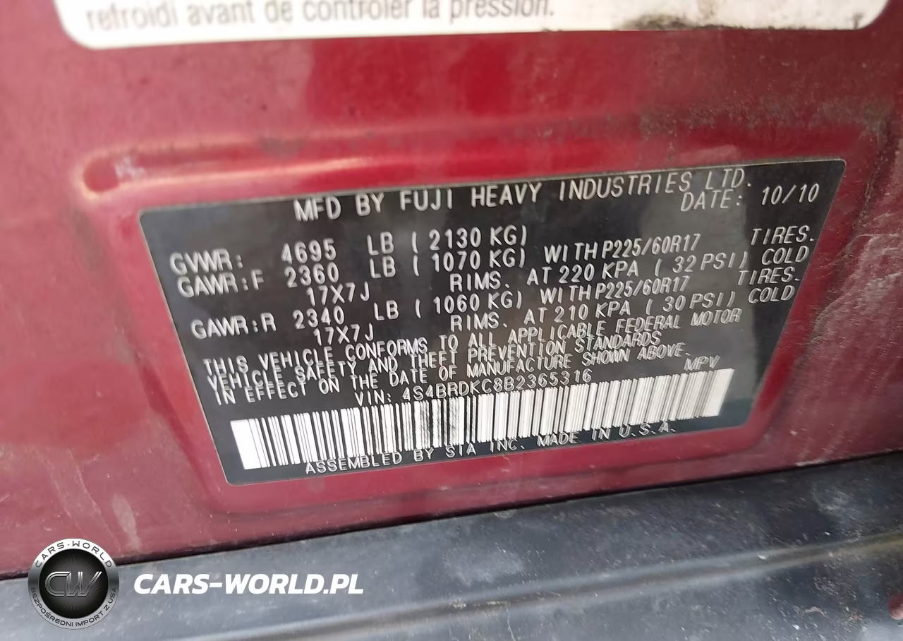 2011 Subaru Outback 3.6R Limited VIN:4S4BRDKC8B2365316 - 9