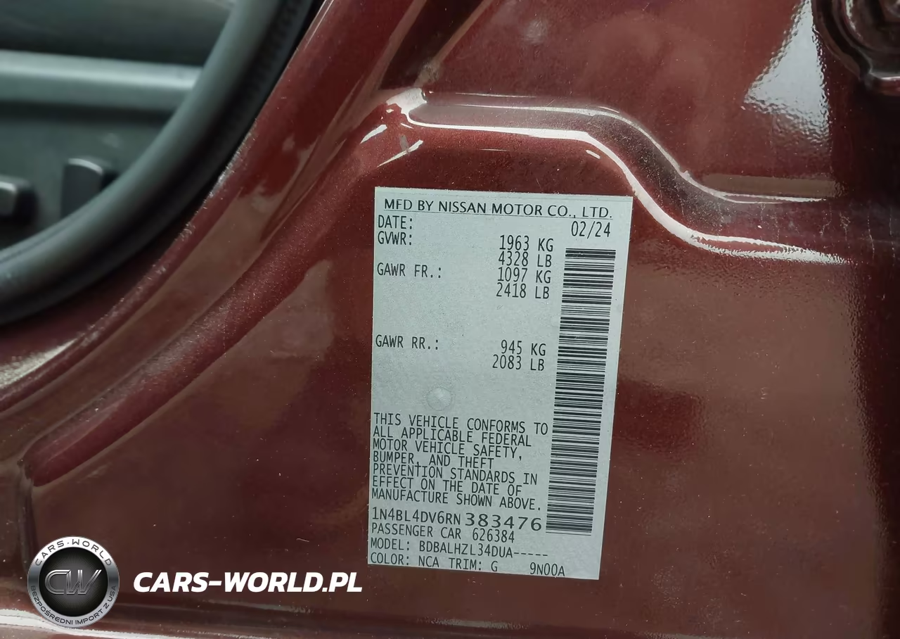 2024 Nissan Altima Sv Fwd VIN:1N4BL4DV6RN383476 - 9