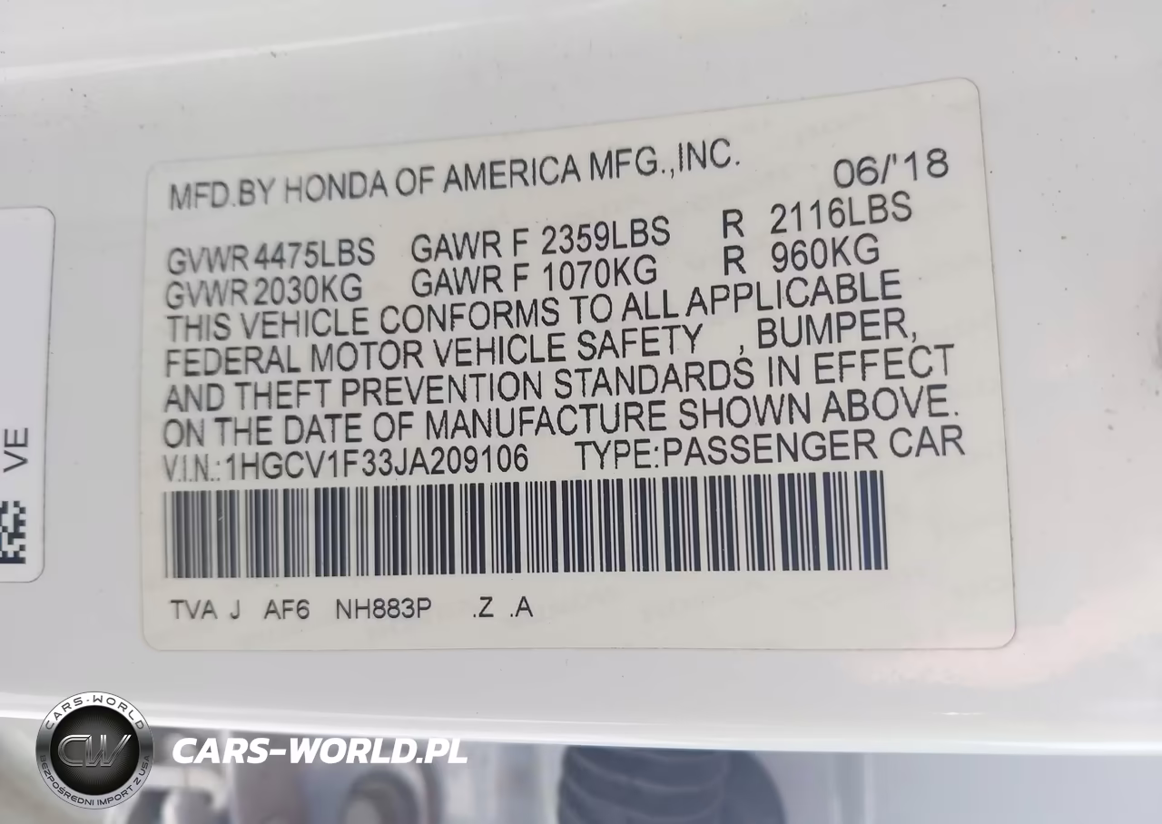 2018 Honda Accord Sport VIN:1HGCV1F33JA209106 - 9