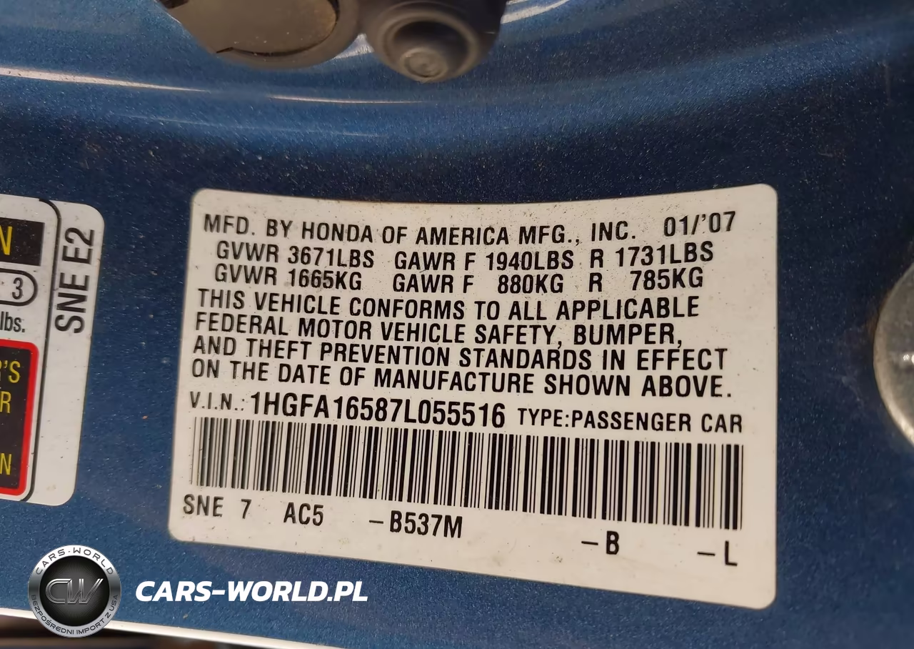 2007 Honda Civic Lx VIN:1HGFA16587L055516 - 9