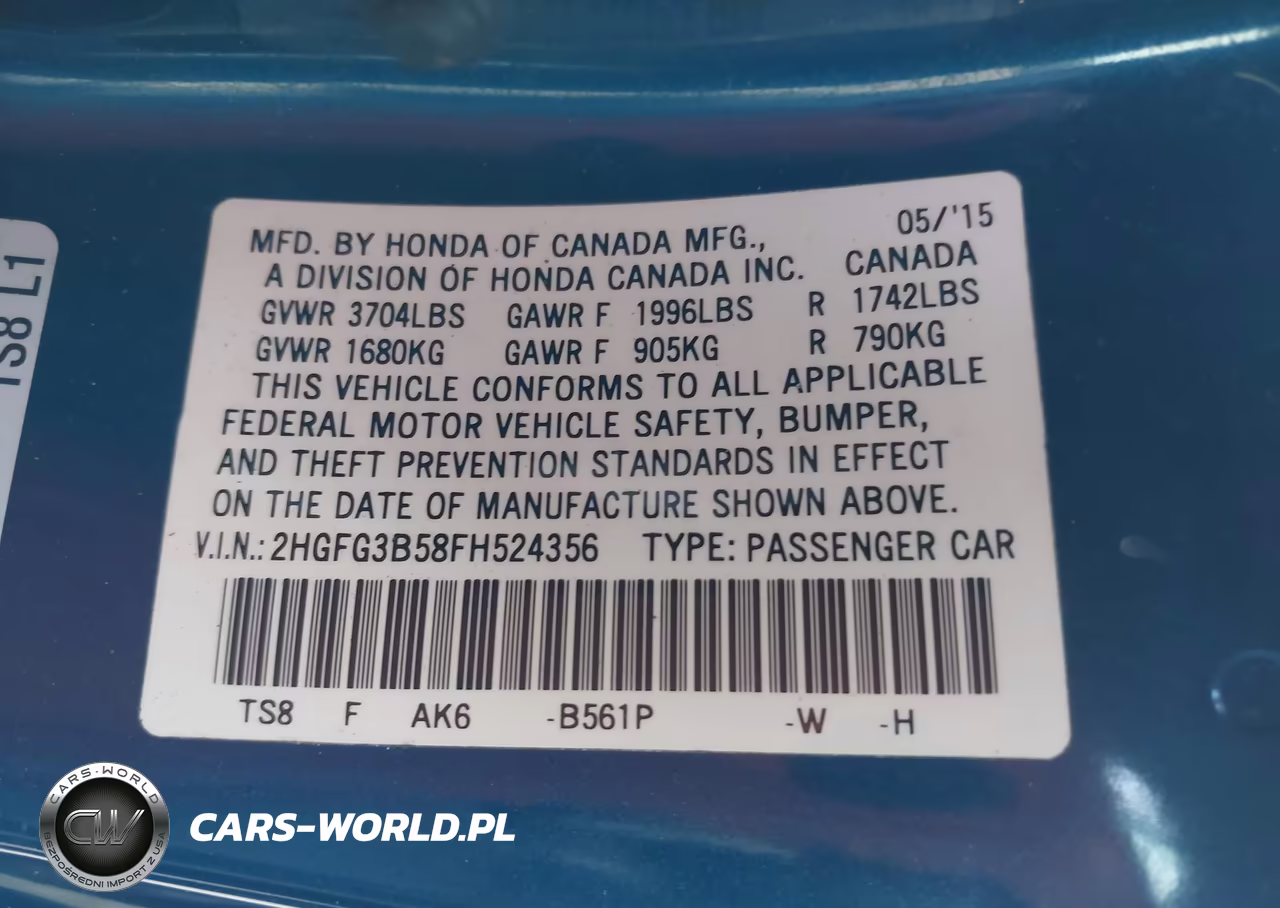 2015 Honda Civic Lx VIN:2HGFG3B58FH524356 - 9
