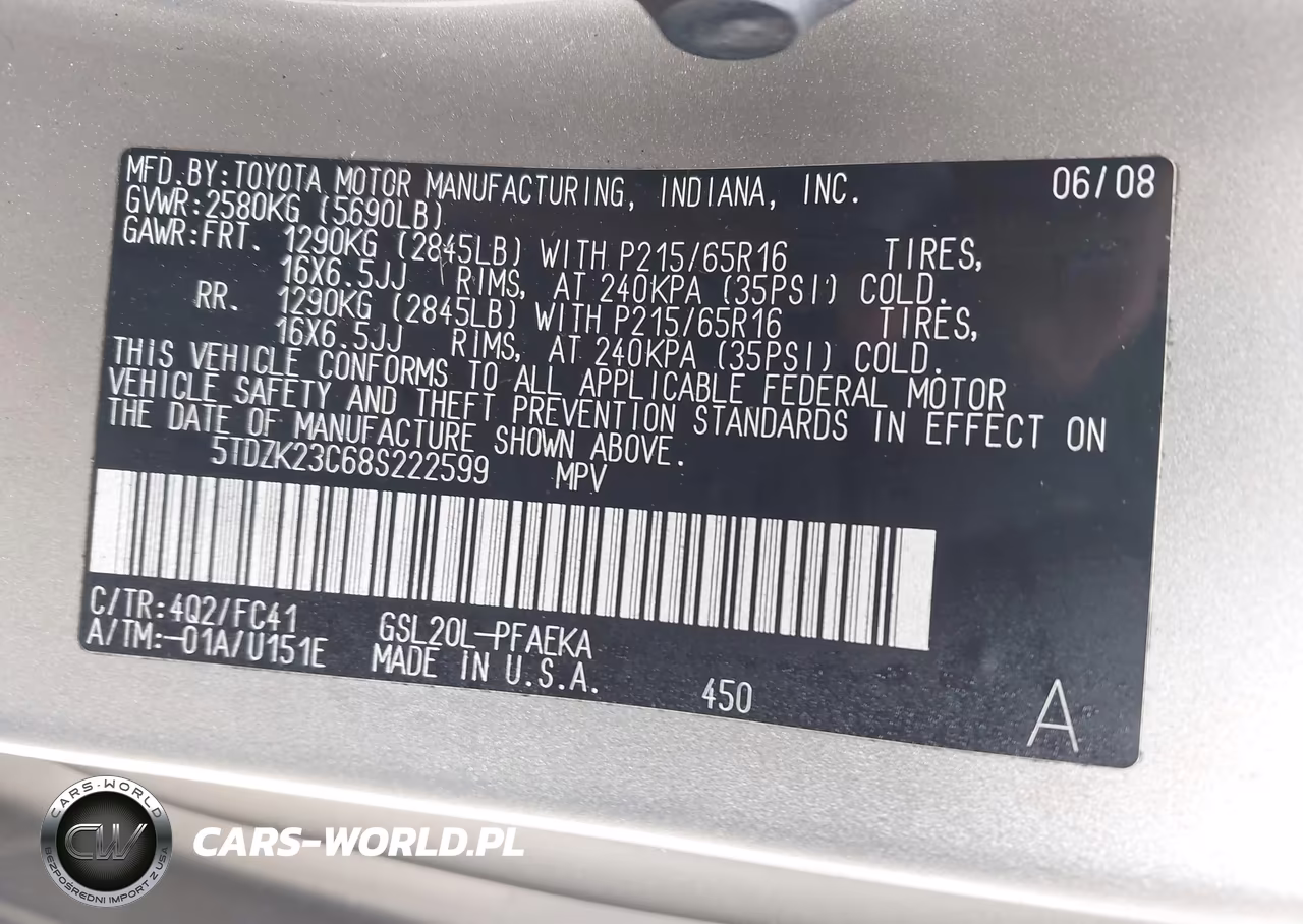 2008 Toyota Sienna Le VIN:5TDZK23C68S222599 - 9