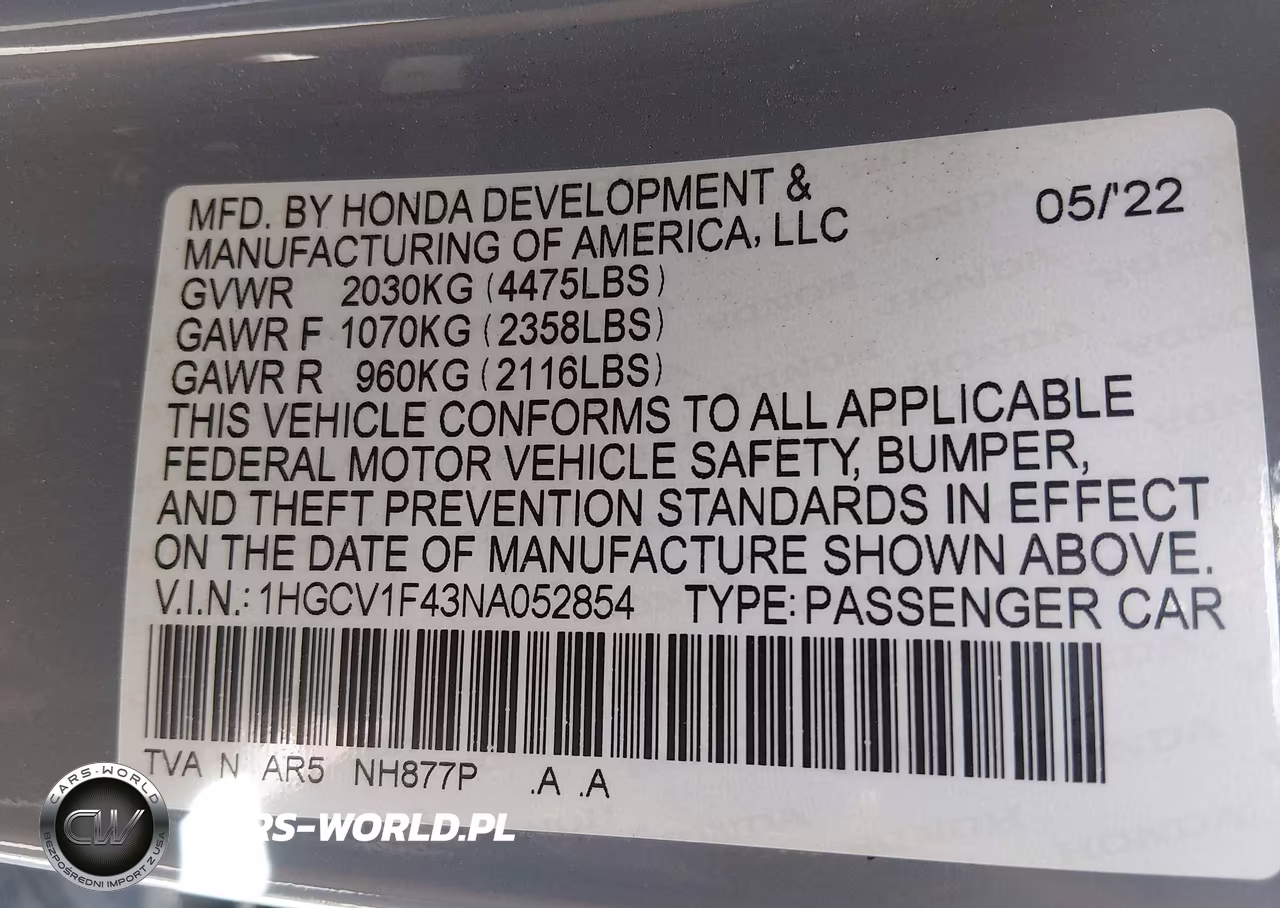 2022 Honda Accord Sport Special Edition VIN:1HGCV1F43NA052854 - 9