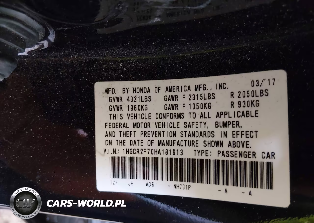 2017 Honda Accord Ex VIN:1HGCR2F70HA181613 - 9