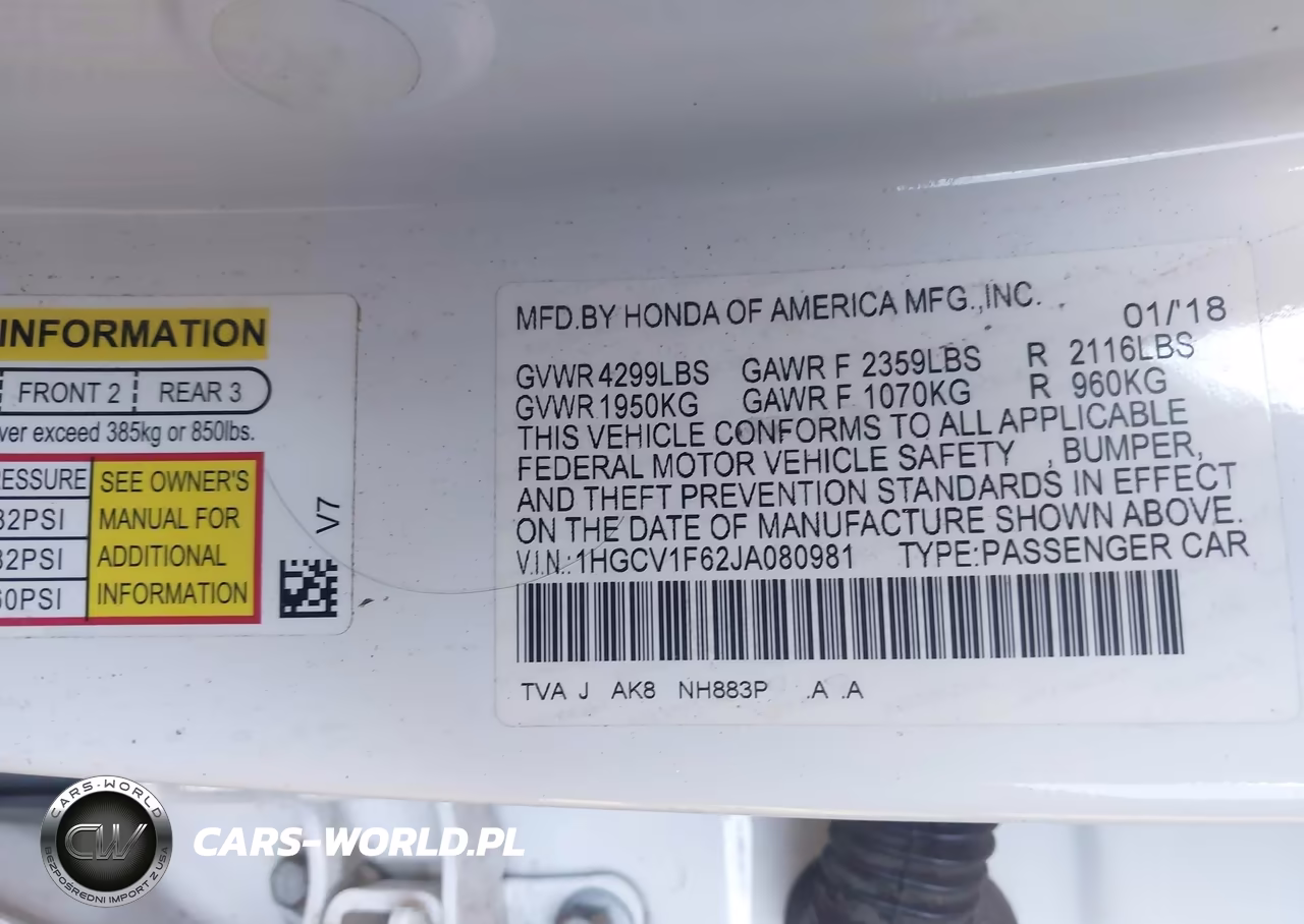 2018 Honda Accord Ex-L VIN:1HGCV1F62JA080981 - 9