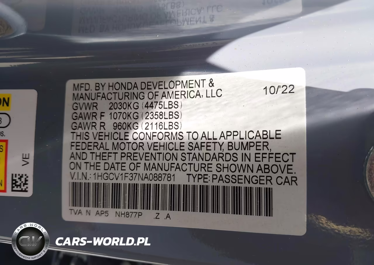 2022 Honda Accord Sport VIN:1HGCV1F37NA088781 - 9