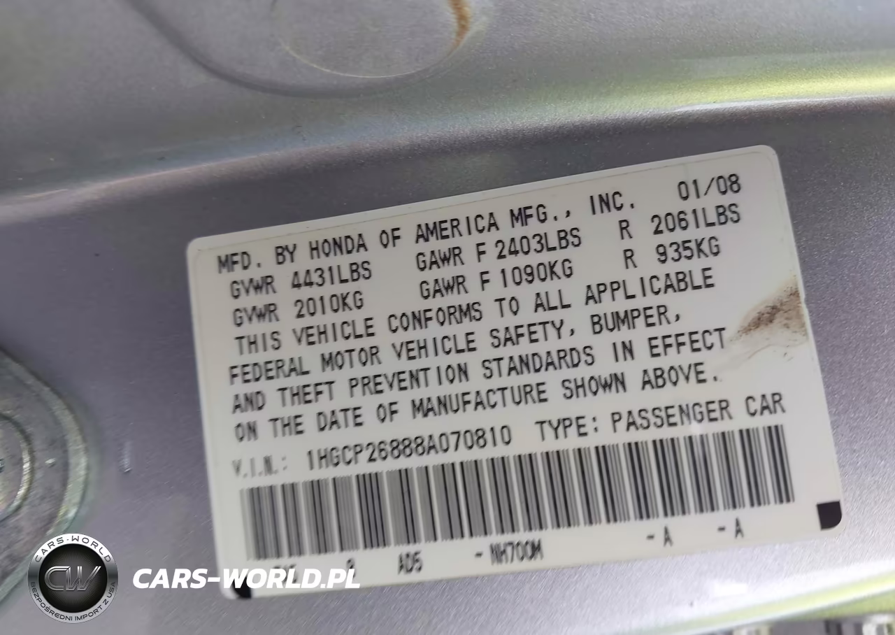 2008 Honda Accord 2.4 Ex-L VIN:1HGCP26888A070810 - 9