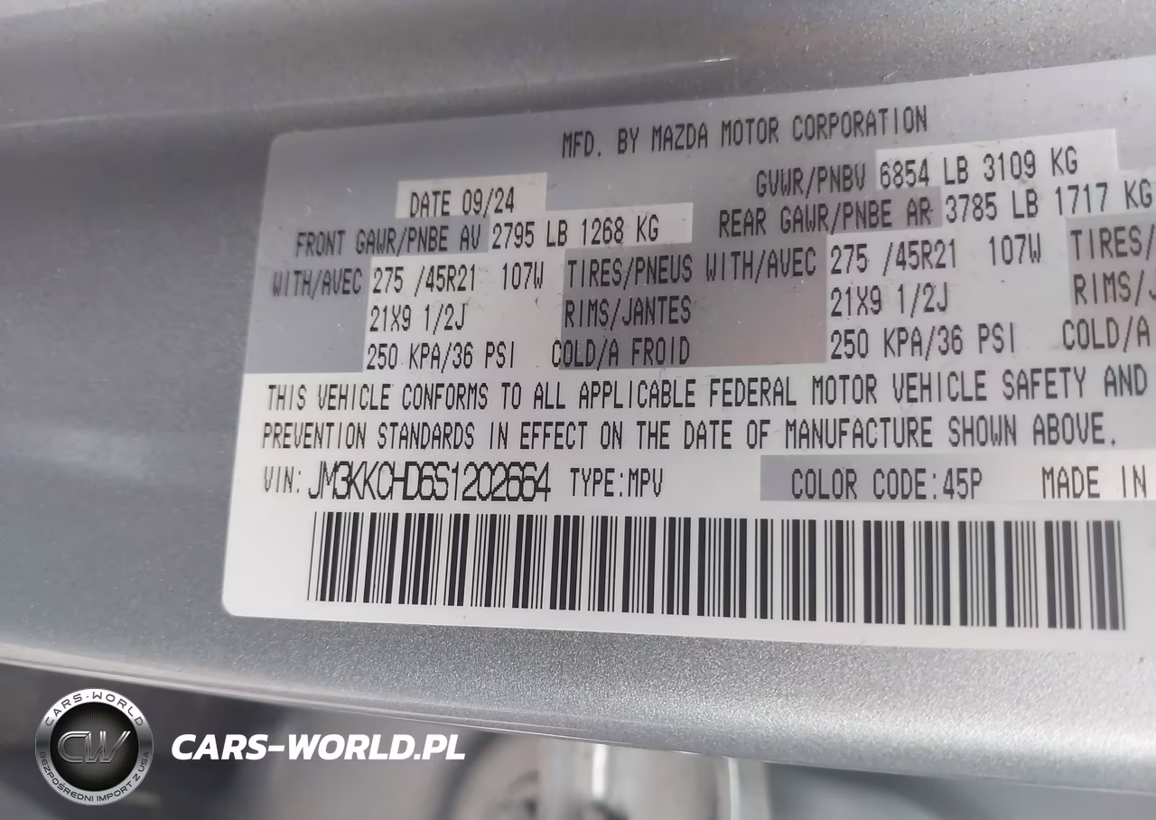 2025 Mazda Cx-90 3.3 Turbo Premium Sport VIN:JM3KKCHD6S1202664 - 9