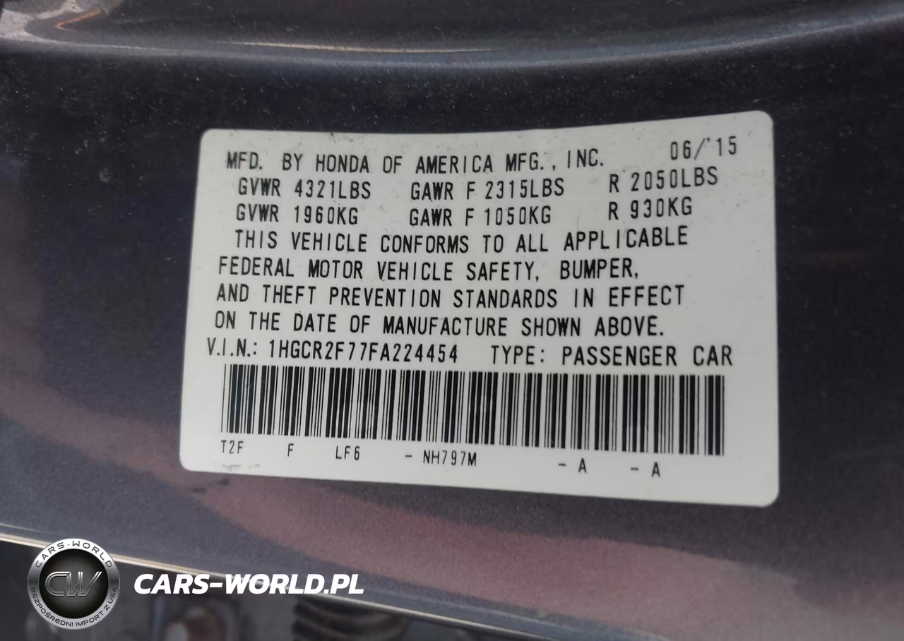 2015 Honda Accord Ex VIN:1HGCR2F77FA224454 - 9