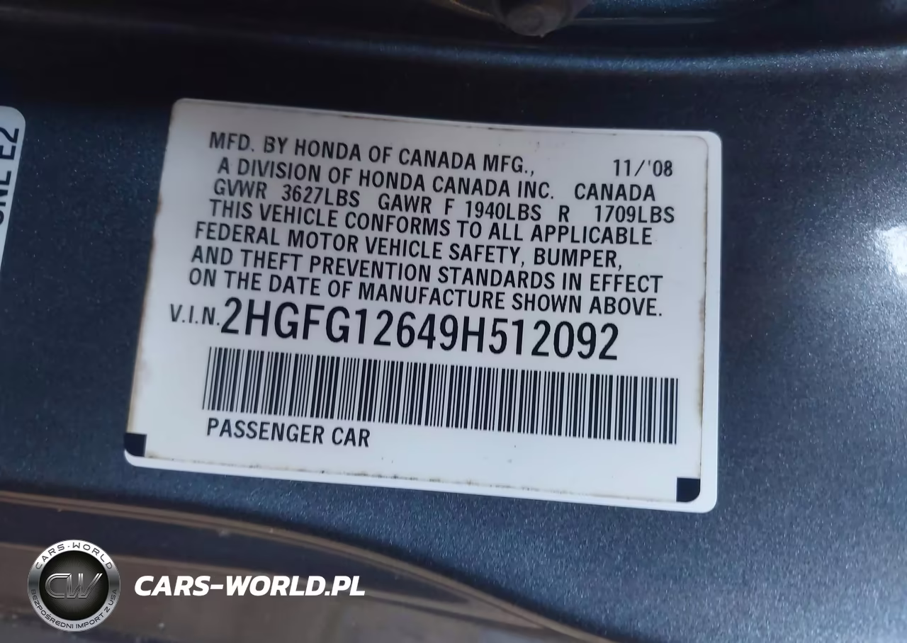 2009 Honda Civic Lx VIN:2HGFG12649H512092 - 9