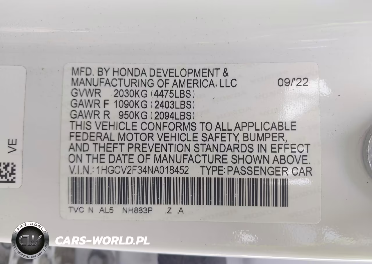 2022 Honda Accord Sport 2.0T VIN:1HGCV2F34NA018452 - 9