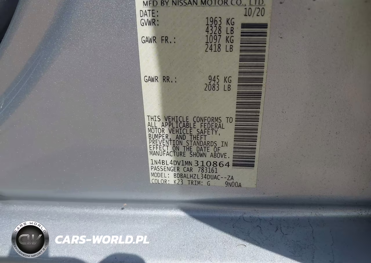 2021 Nissan Altima Sv Fwd VIN:1N4BL4DV1MN310864 - 9