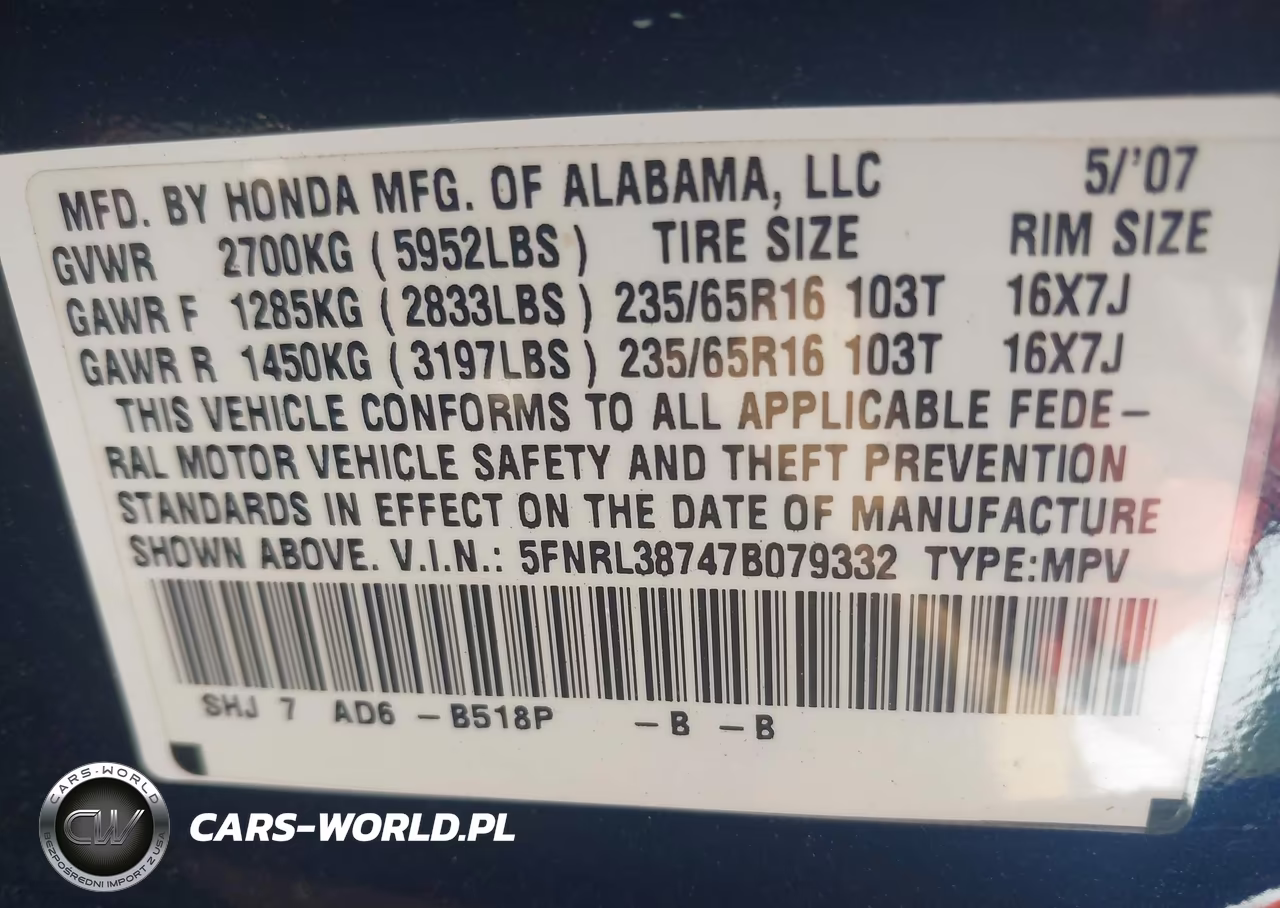 2007 Honda Odyssey Ex-L VIN:5FNRL38747B079332 - 9