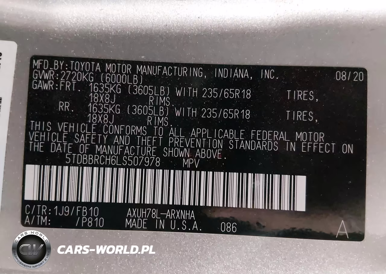 2020 Toyota Highlander Hybrid Le VIN:5TDBBRCH6LS507978 - 9