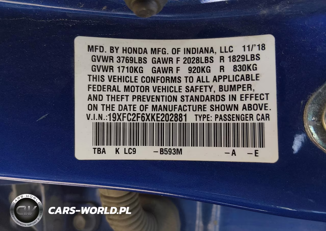2019 Honda Civic Lx VIN:19XFC2F6XKE202881 - 9