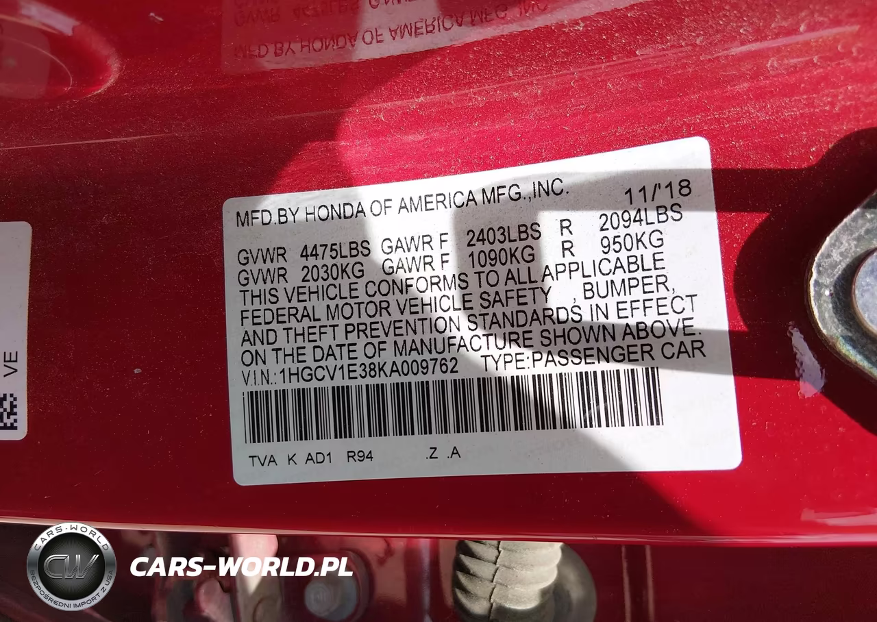 2019 Honda Accord Sport VIN:1HGCV1E38KA009762 - 9