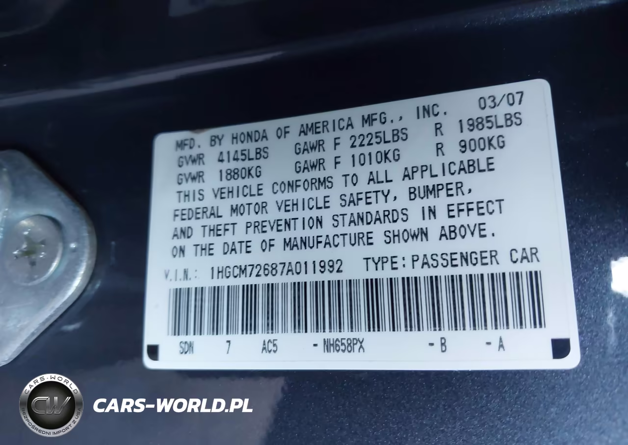 2007 Honda Accord 2.4 Ex VIN:1HGCM72687A011992 - 9
