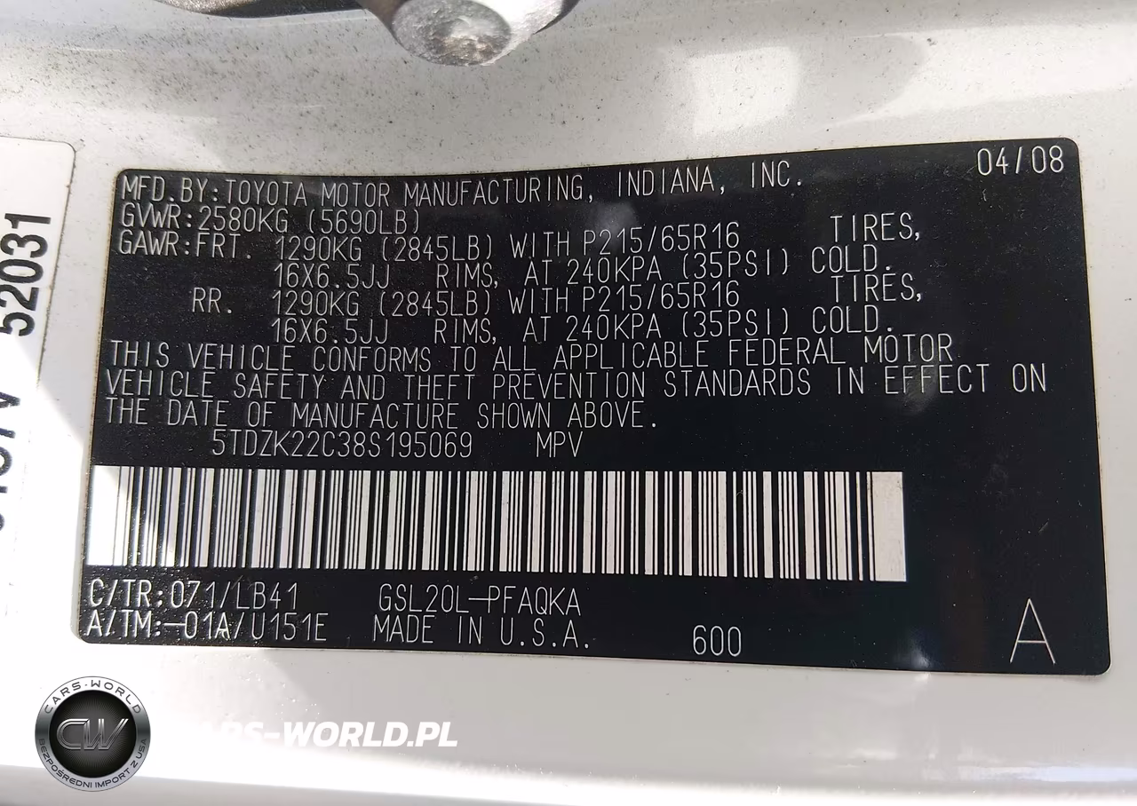 2008 Toyota Sienna Xle VIN:5TDZK22C38S195069 - 9
