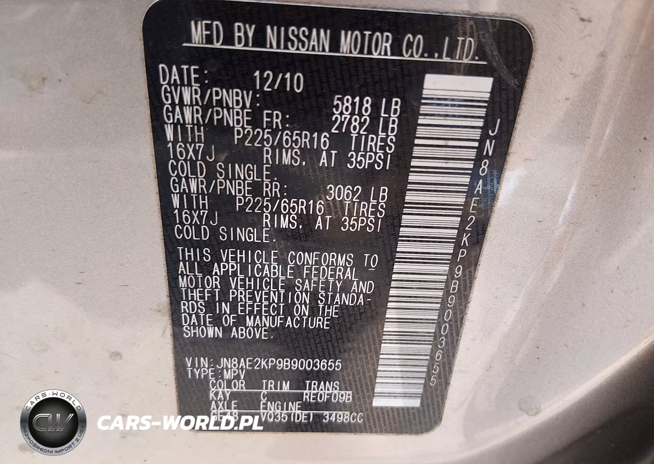 2011 Nissan Quest Sv VIN:JN8AE2KP9B9003655 - 9