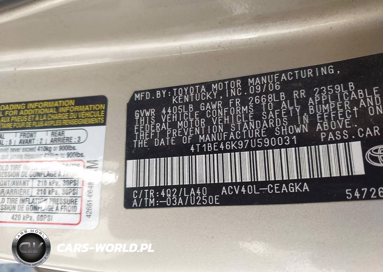 2007 Toyota Camry Xle VIN:4T1BE46K97U590031 - 9