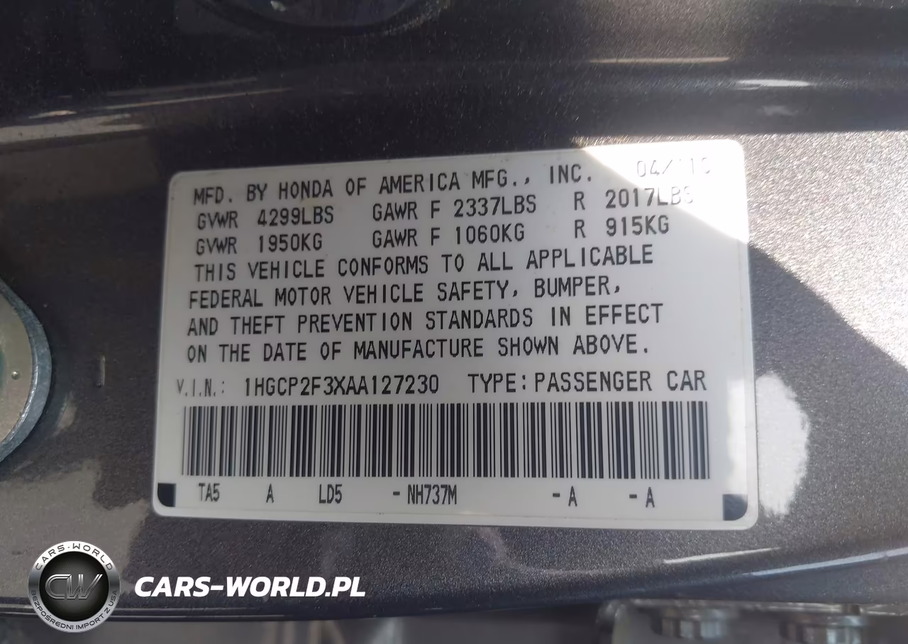 2010 Honda Accord 2.4 Lx VIN:1HGCP2F3XAA127230 - 9